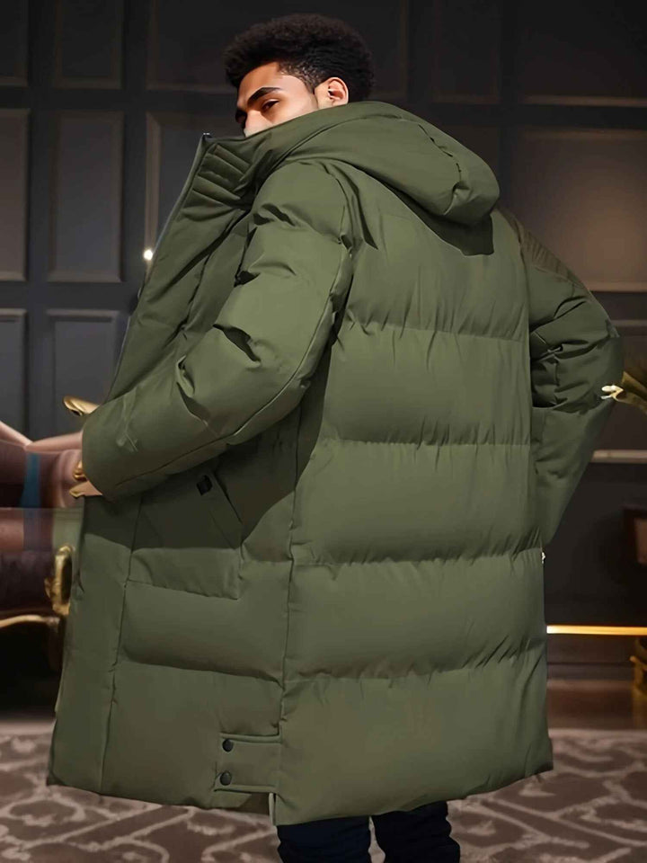 Men's Water-Repellent Long Puffer Jacket with Hood - Lined Comfort Fit