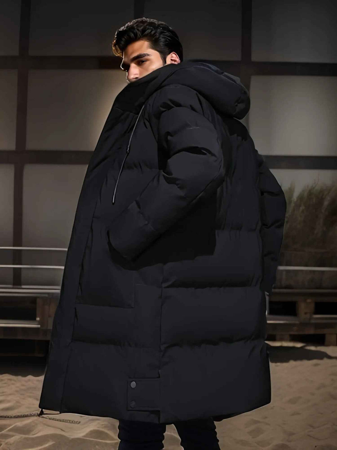 Men's Water-Repellent Long Puffer Jacket with Hood - Lined Comfort Fit