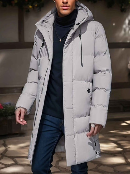 Men's Water-Repellent Long Puffer Jacket with Hood Lined Fit Grey