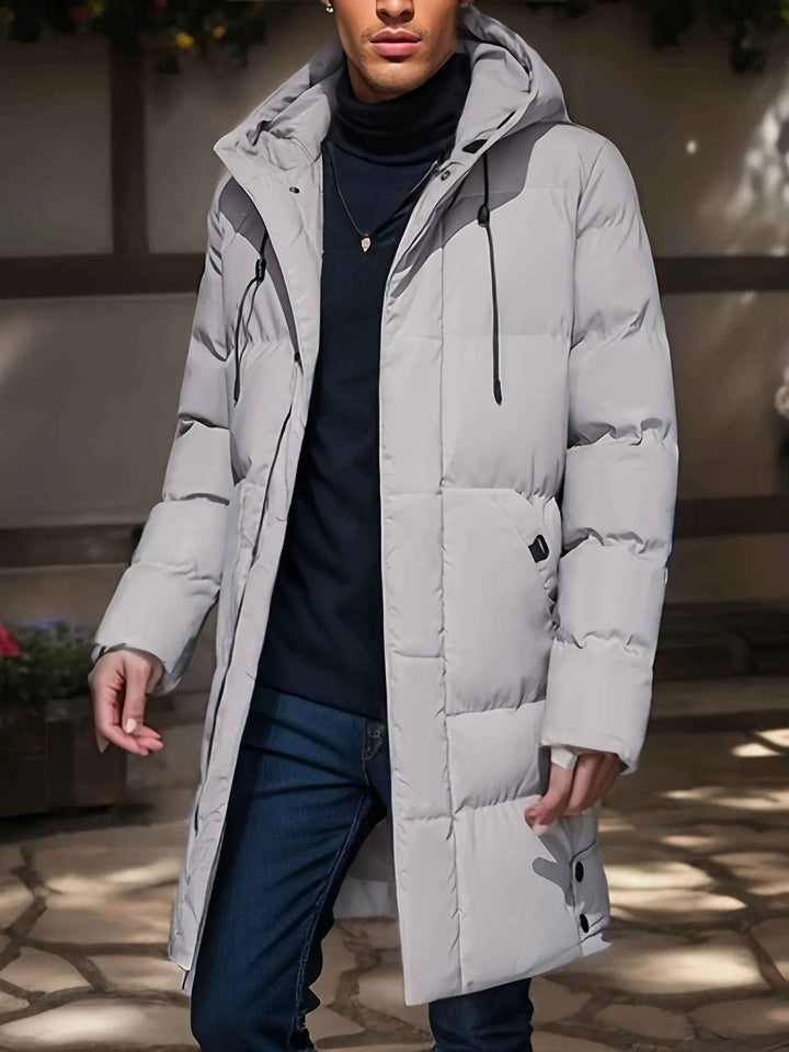 Men's Water-Repellent Long Puffer Jacket with Hood - Lined Comfort Fit Grey