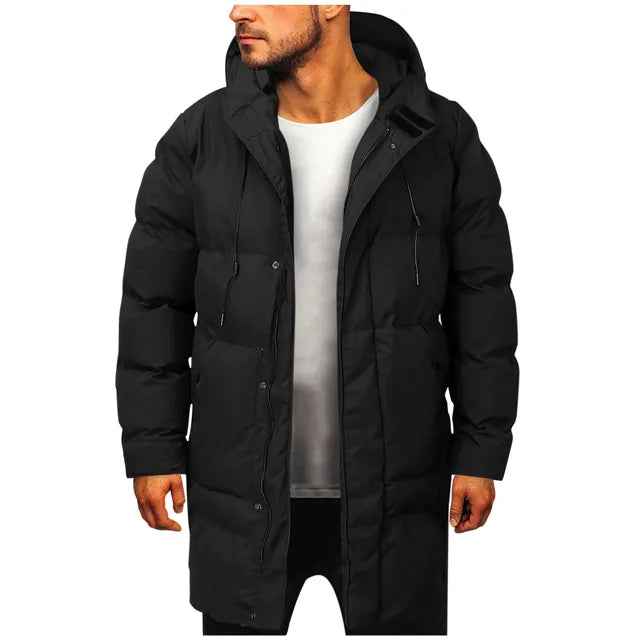 Men's Water-Repellent Quilted Jacket – Adjustable Hood – Long Length – Casual Warmth Black