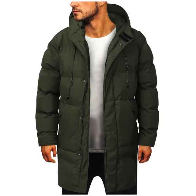 Men's Water-Repellent Quilted Jacket – Adjustable Hood – Long Length – Casual Warmth Green