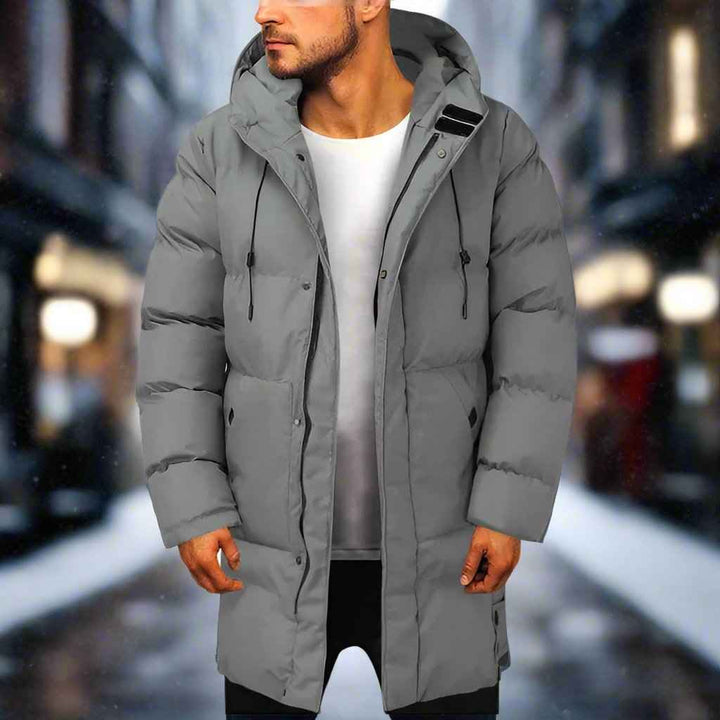 Men's Water-Repellent Quilted Jacket – Adjustable Hood – Long Length – Casual Warmth Grey