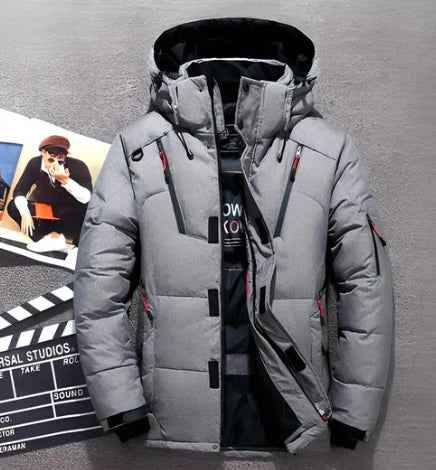 Men's Water-Repellent Quilted Jacket with Hood and Zipper Pockets Grey