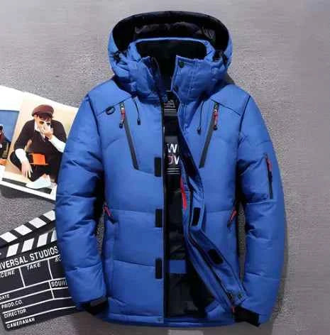 Men's Water-Repellent Quilted Jacket with Hood and Zipper Pockets Blue