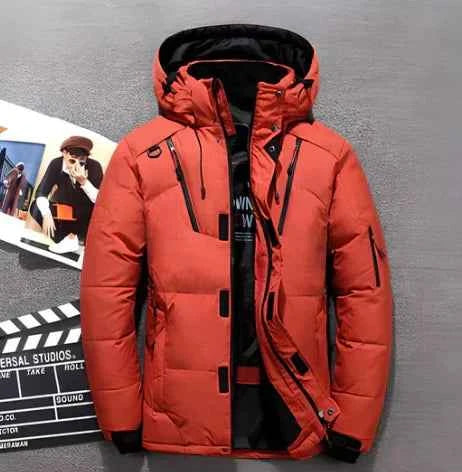 Men's Water-Repellent Quilted Jacket with Hood and Zipper Pockets Orange