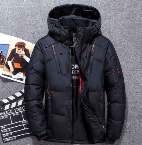 Men's Water-Repellent Quilted Jacket with Hood and Zipper Pockets Black