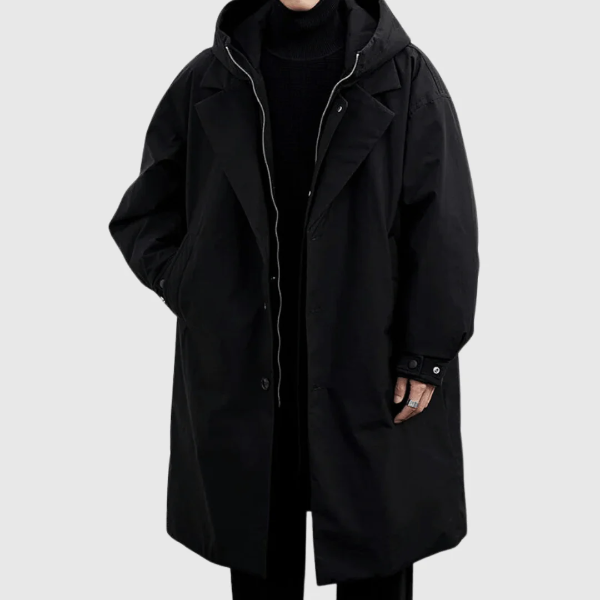 Men's Waterproof Full-Length Raincoat with Hood – Relaxed Fit Black