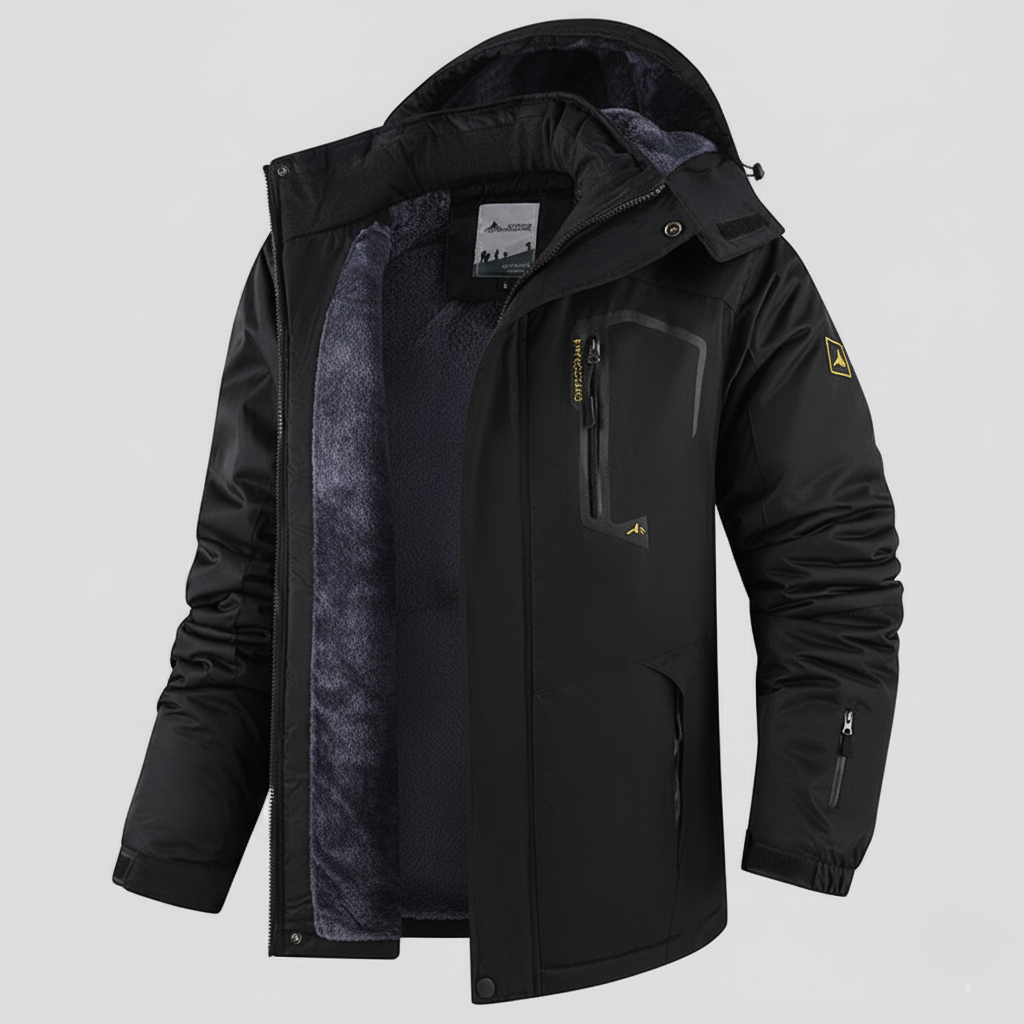 Men's Waterproof Hooded Jacket – Regular Fit, Windproof, Thermal Lining, Zipper Closure Black