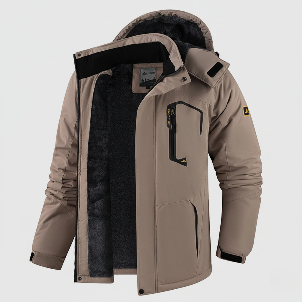 Men's Waterproof Hooded Jacket – Regular Fit, Windproof, Thermal Lining, Zipper Closure Khaki
