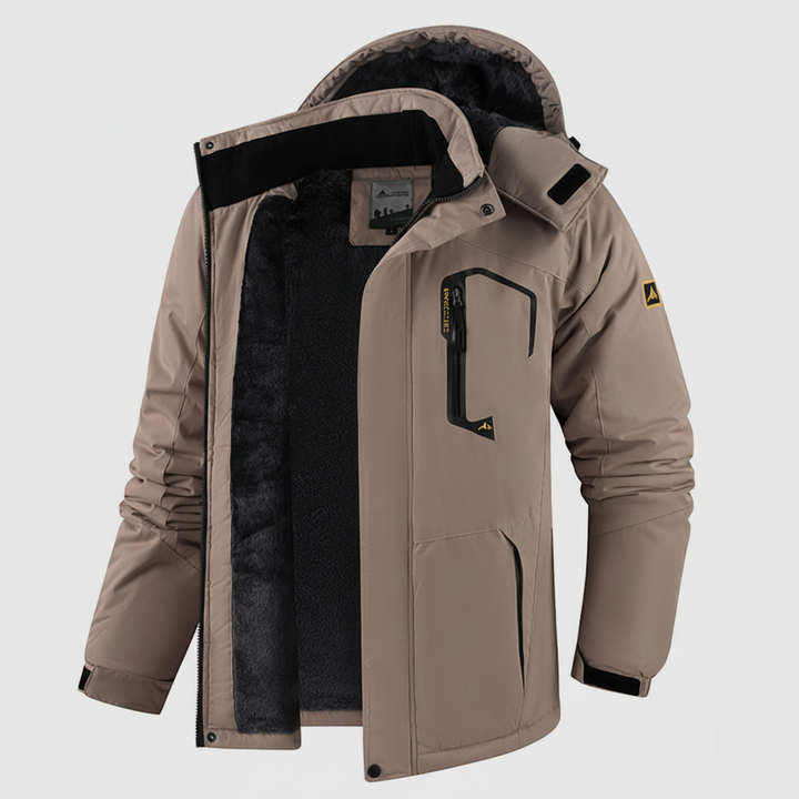 Men's Waterproof Hooded Jacket – Regular Fit, Windproof, Thermal Lining, Zipper Closure Khaki