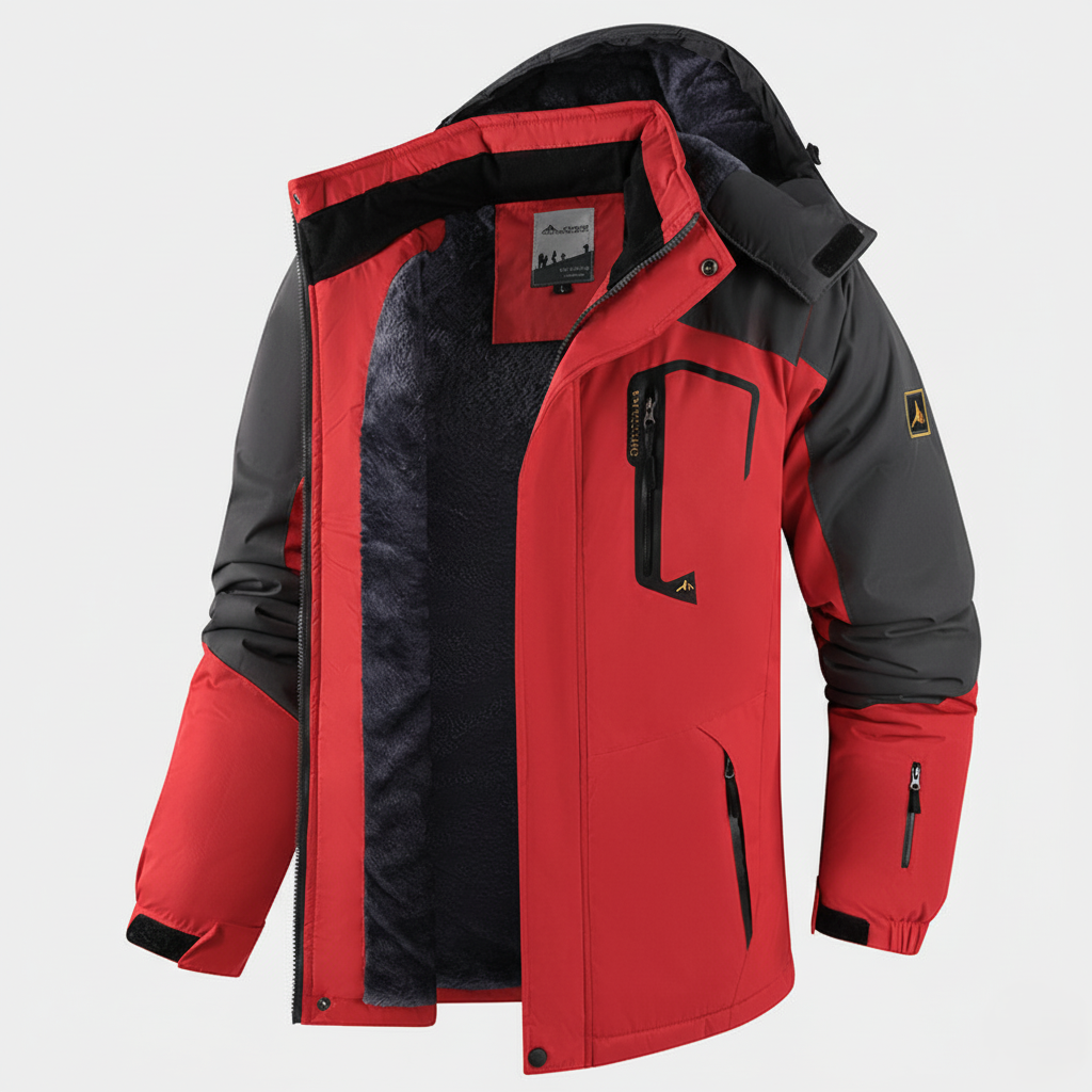 Men's Waterproof Hooded Jacket – Regular Fit, Windproof, Thermal Lining, Zipper Closure Red