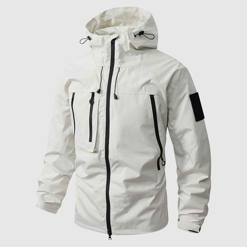 Men's Waterproof Hooded Jacket with Multiple Zippered Pockets White