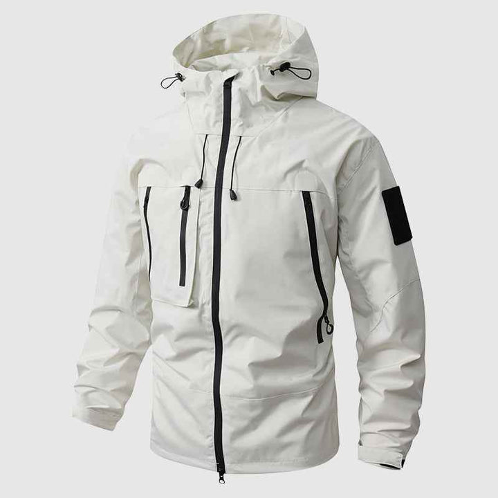 Men's Waterproof Hooded Jacket with Multiple Zippered Pockets White