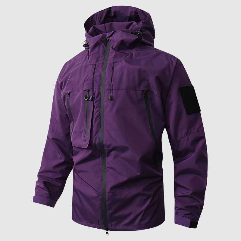Men's Waterproof Hooded Jacket with Multiple Zippered Pockets Purple