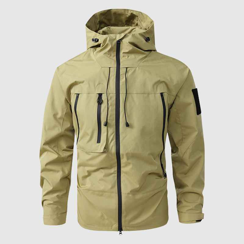Men's Waterproof Hooded Jacket with Multiple Zippered Pockets