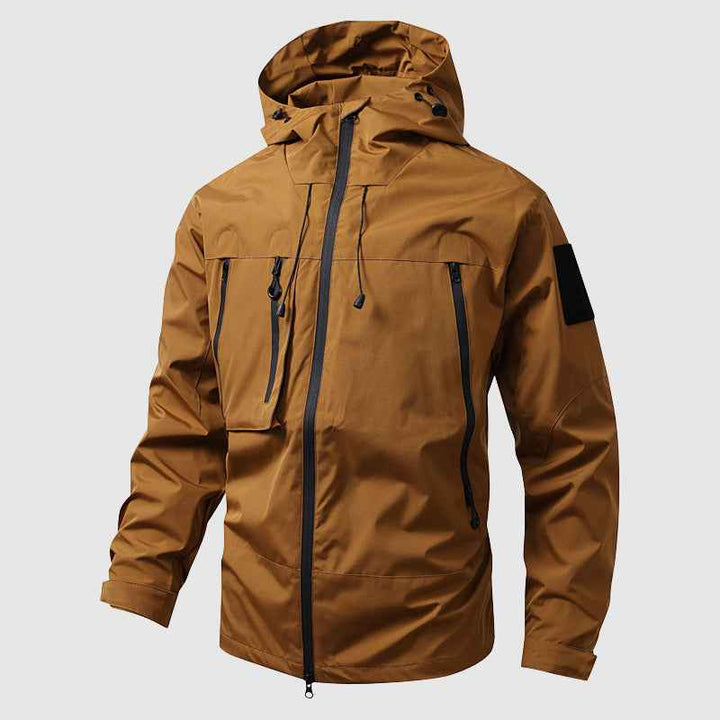 Men's Waterproof Hooded Jacket with Multiple Zippered Pockets Brown