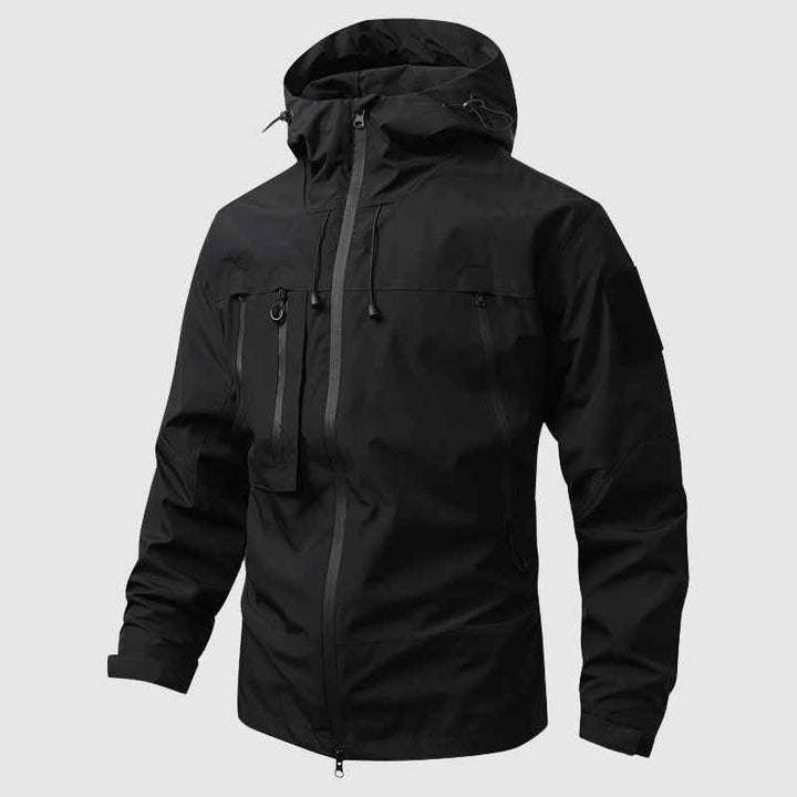 Men's Waterproof Hooded Jacket with Multiple Zippered Pockets Black