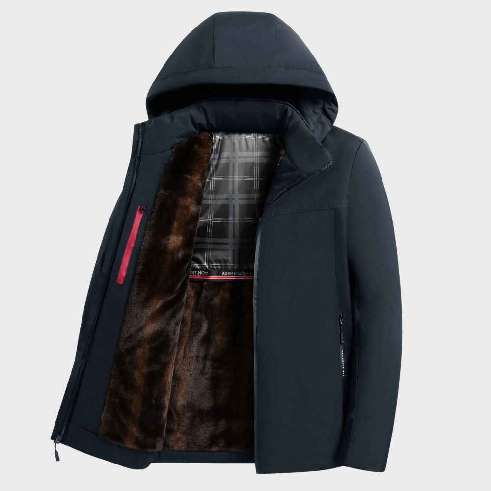 Men's Waterproof Jacket with Fur Lining, Hood, and Zip Closure – Casual Fit Blue