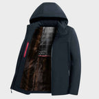 Men's Woven Waterproof Hood Drawstring Zipper Solid Black Jacket Blue