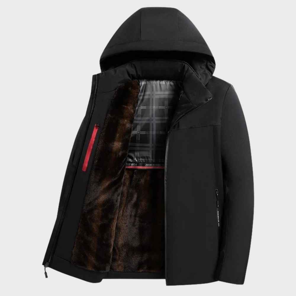 Men's Waterproof Jacket with Fur Lining, Hood, and Zip Closure – Casual Fit Black