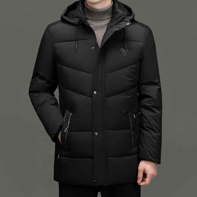 Men's Windproof Jacket – Padded, Lined, Mid-Length with Drawstring Hood Black