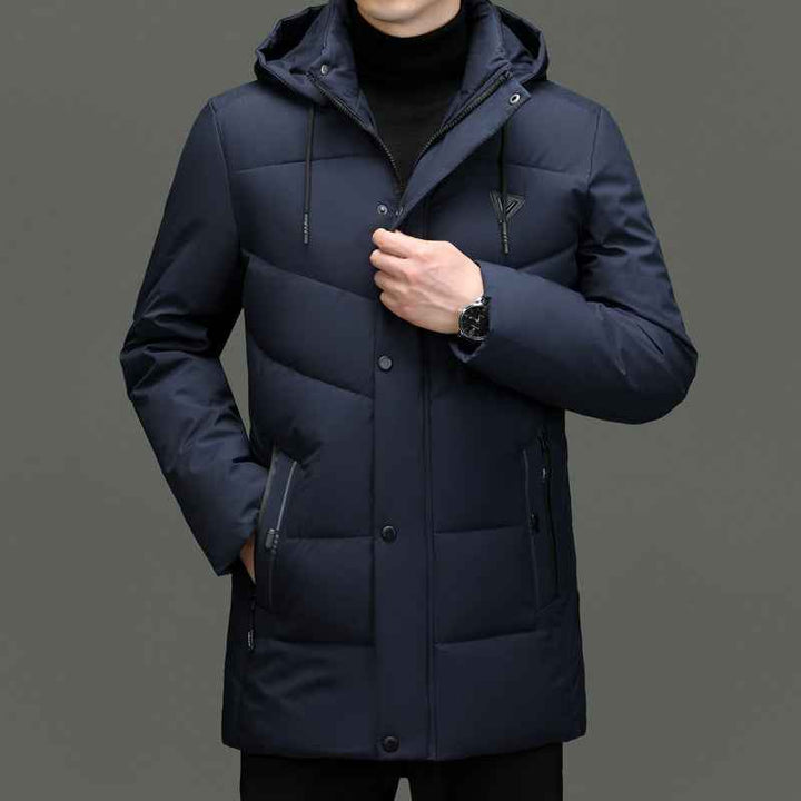 Men's Windproof Jacket – Padded, Lined, Mid-Length with Drawstring Hood Blue