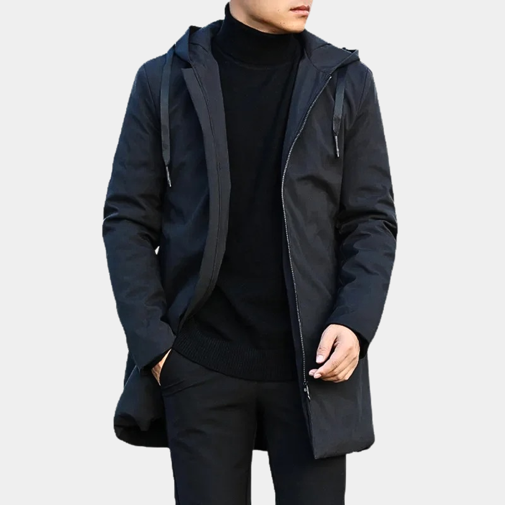 Men's Windproof Long Coat – Relaxed Fit with Hood and Zip Closure – Urban Style Black