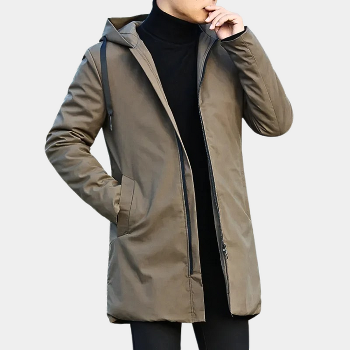 Men's Windproof Long Coat – Relaxed Fit with Hood and Zip Closure – Urban Style Khaki