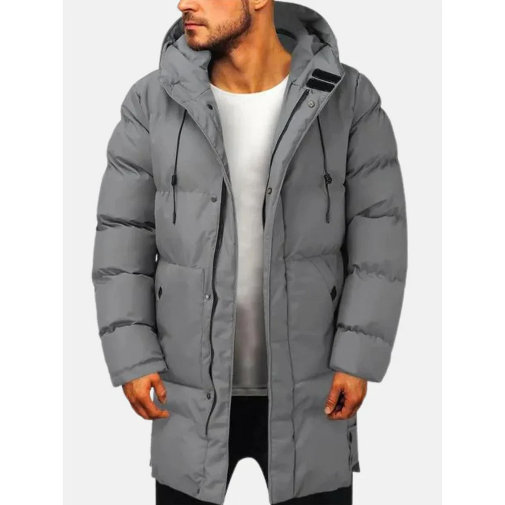 Men's Windproof Padded Jacket – Regular Fit – Hooded – Knee-Length Grey