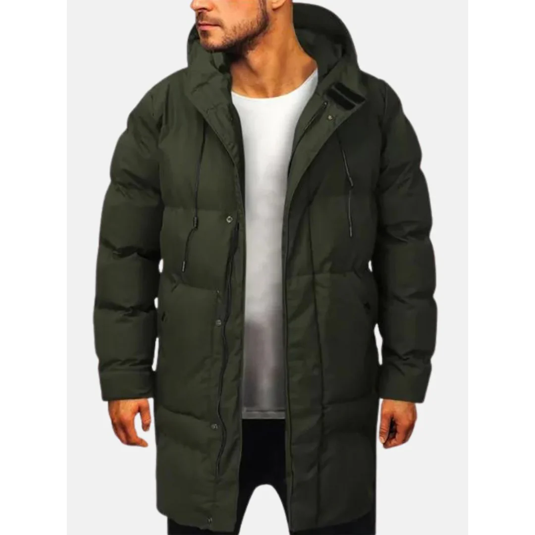 Men's Windproof Padded Jacket – Regular Fit – Hooded – Knee-Length Green
