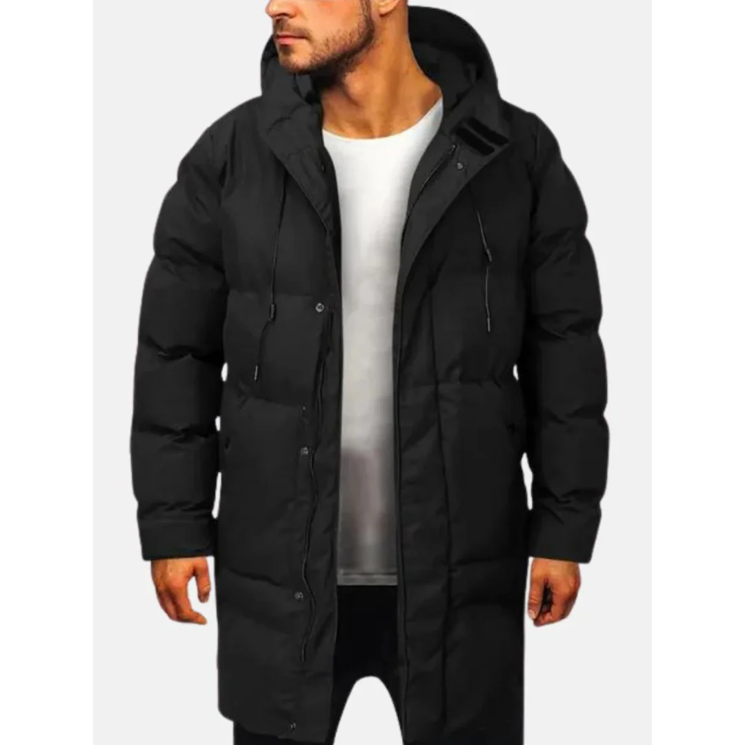 Men's Windproof Padded Jacket – Regular Fit – Hooded – Knee-Length Black