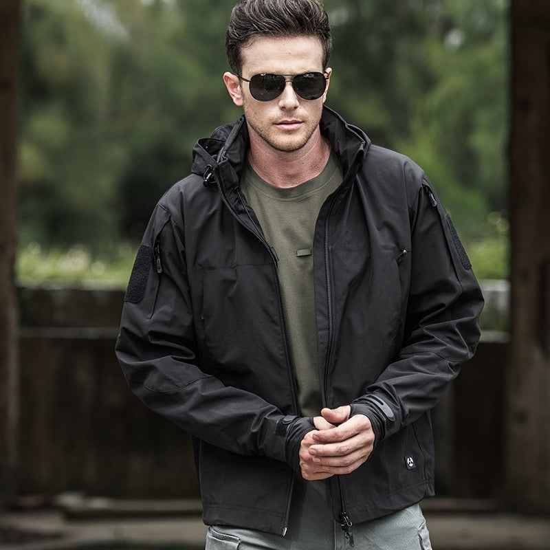 Men's Windproof Water-Repellent Softshell Jacket – Tailored Fit with Hood Black
