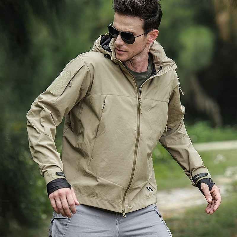 Men's Windproof Water-Repellent Softshell Jacket – Tailored Fit with Hood Beige