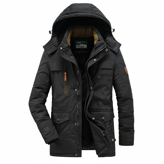 Men's Polyester Hooded Mid-length Jacket Winter Essential Black