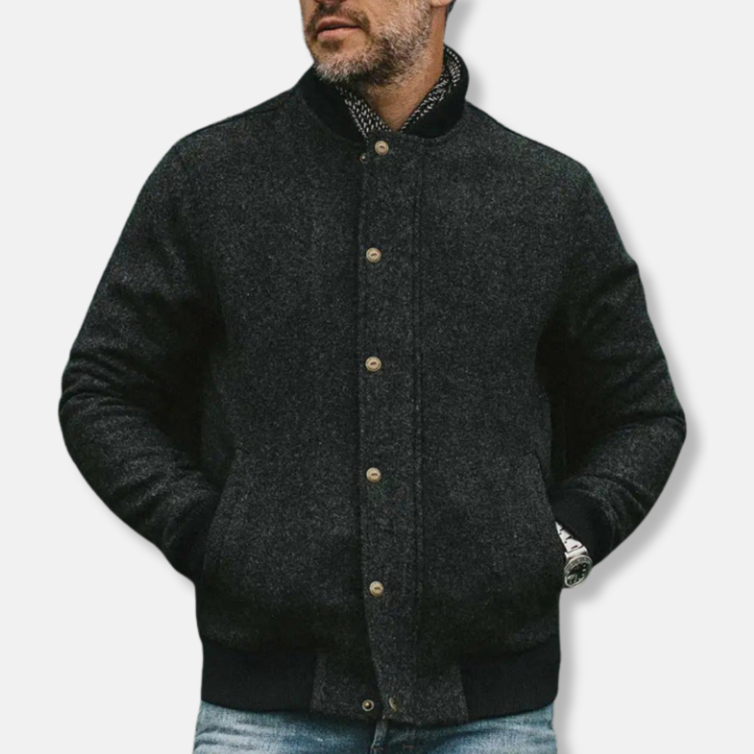 Men's Wool Blend Bomber Jacket – Relaxed Fit with Ribbed Cuffs and Button Closure Black