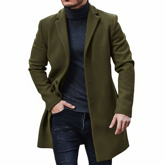 Men's Wool Blend Coat – Tailored Fit – Knee Length – Button Closure – Smart Casual Green