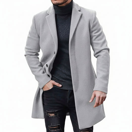 Men's Wool Blend Coat – Tailored Fit – Knee Length – Button Closure – Smart Casual Grey