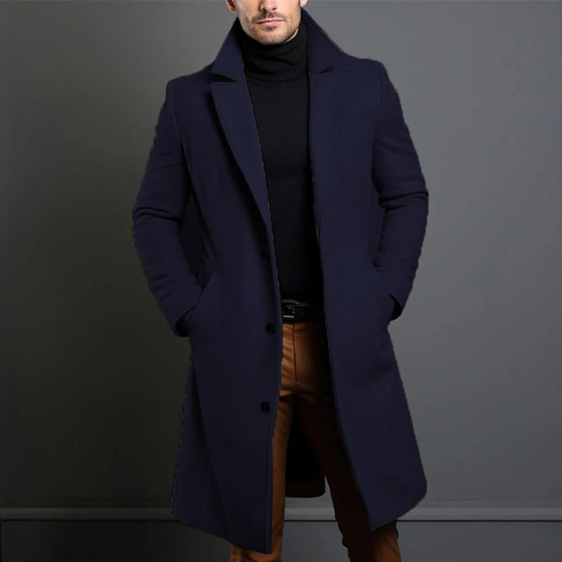 Men's Wool Blend Overcoat - Tailored Fit, Classic Lapel, Long Cut, Button Closure Blue
