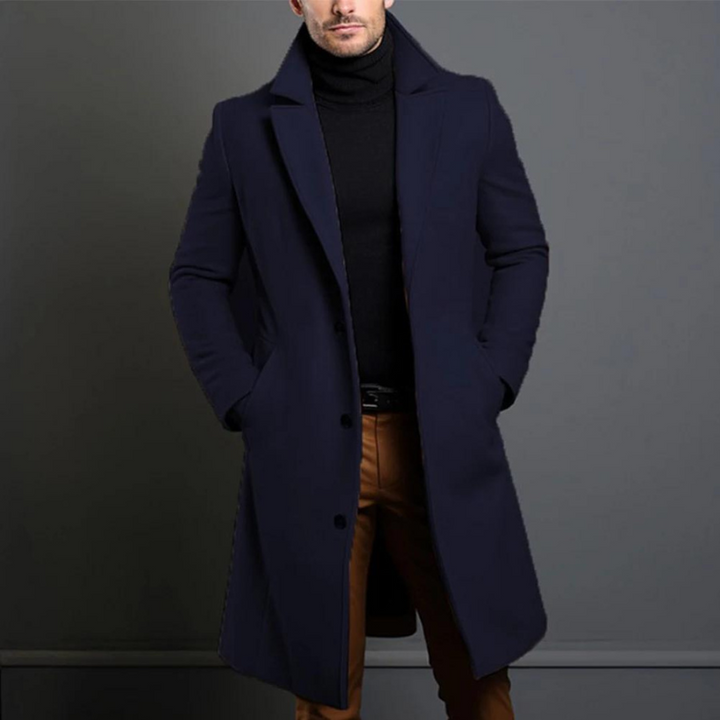 Men's Wool Blend Overcoat - Tailored Fit, Classic Lapel, Long Cut, Button Closure Blue