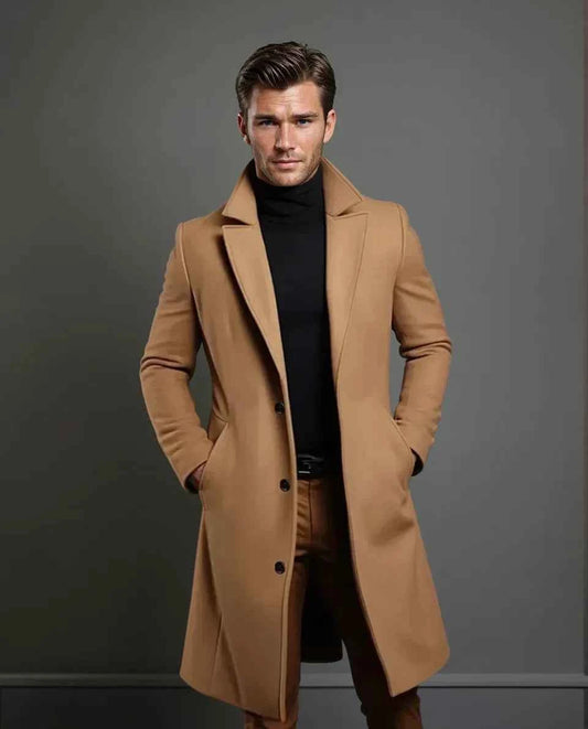 Men's Wool Blend Tailored Fit Lapel Long Button Overcoat