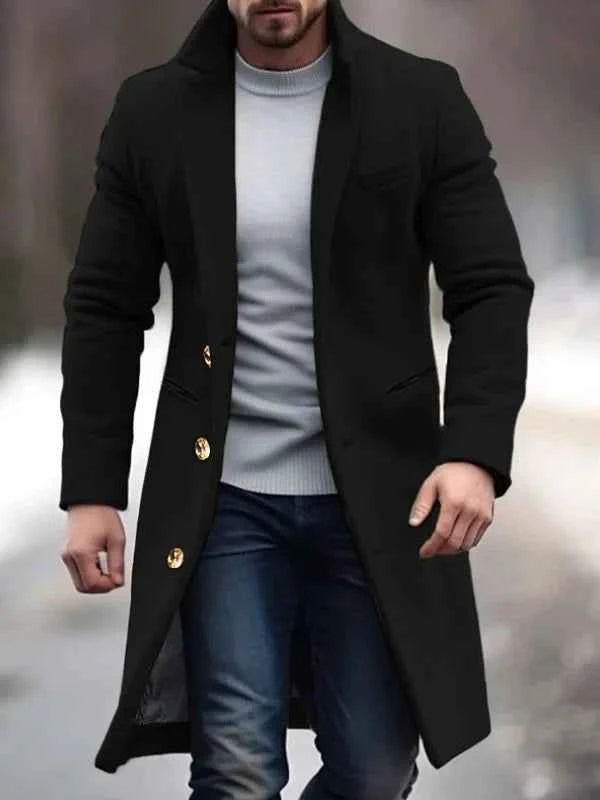 Men's Wool Blend Overcoat – Tailored Fit – Knee Length – Button Closure Black
