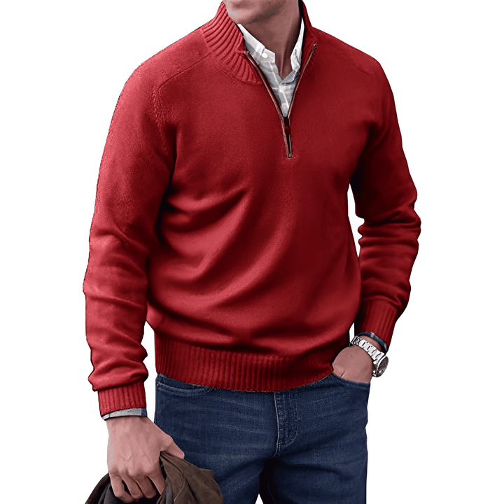 Men's Wool Blend Sweater - Regular Fit with Zip Closure and Ribbed Collar/Cuffs Red