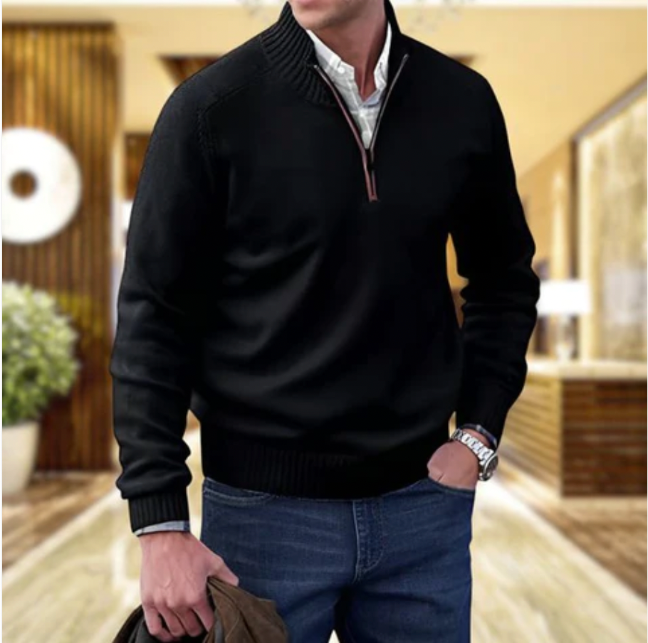 Men's Wool Blend Sweater - Regular Fit with Zip Closure and Ribbed Collar/Cuffs Black