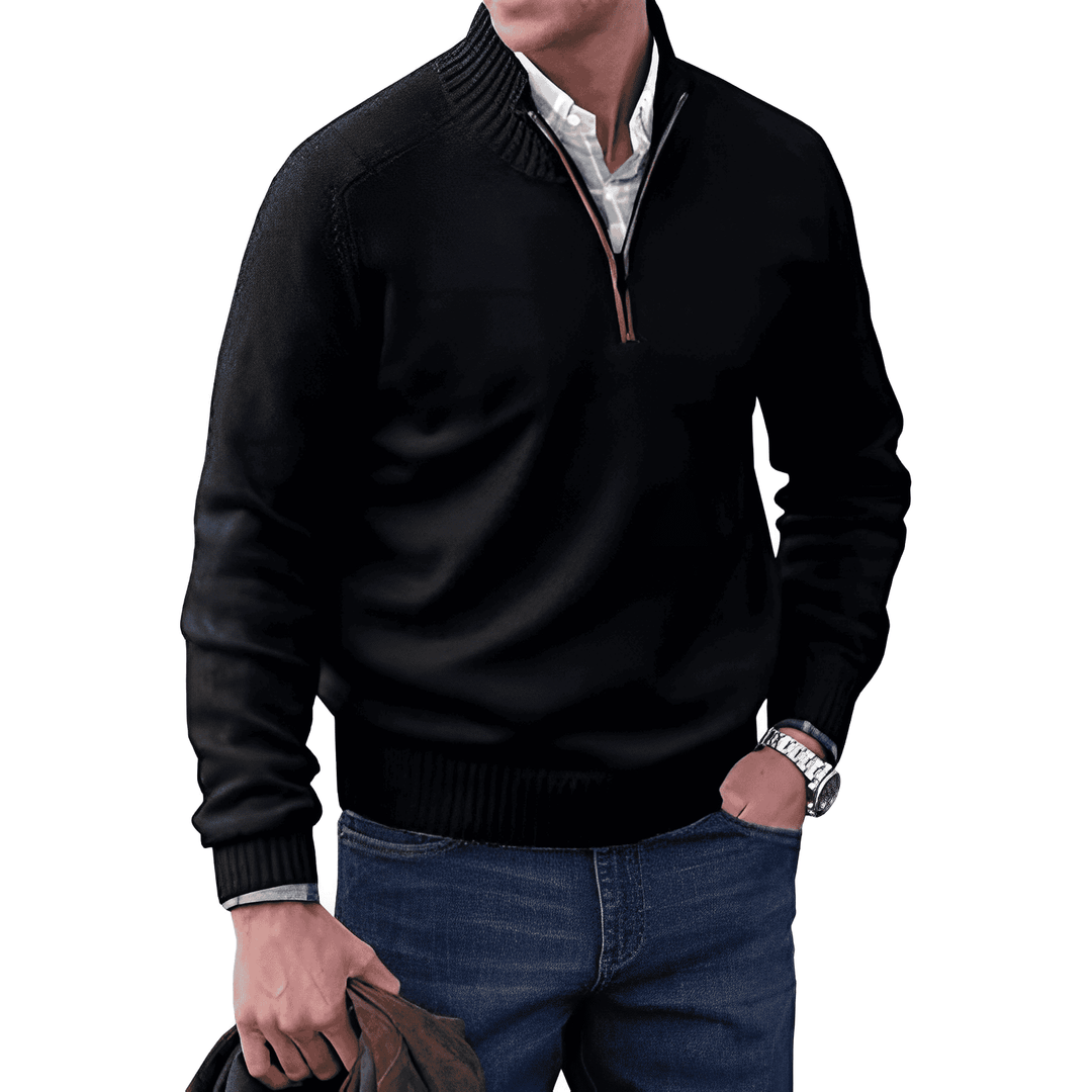 Men's Wool Blend Sweater - Regular Fit with Zip Closure and Ribbed Collar/Cuffs