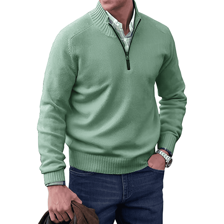 Men's Wool Blend Sweater - Regular Fit with Zip Closure and Ribbed Collar/Cuffs Green