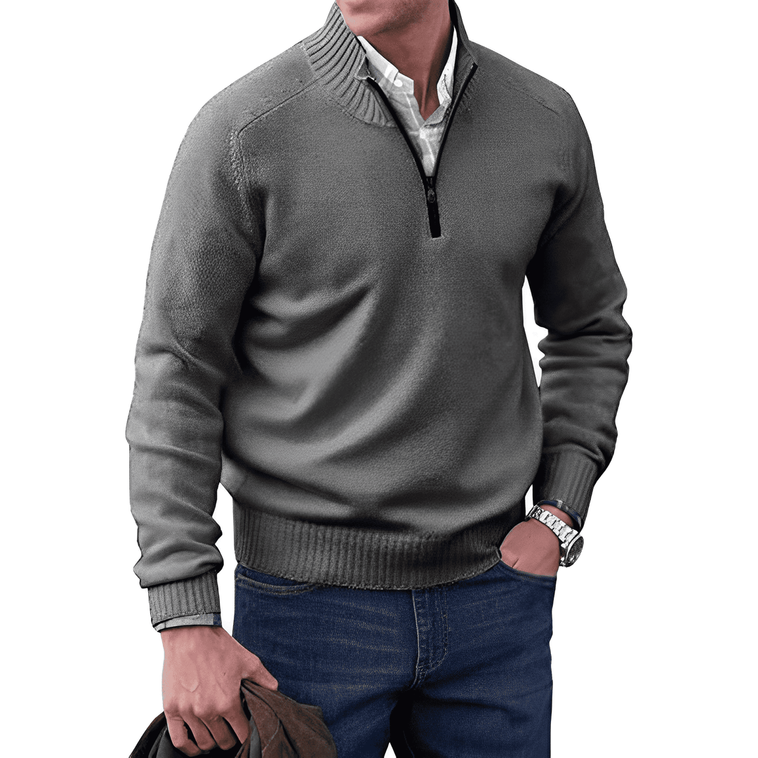 Men's Wool Blend Sweater - Regular Fit with Zip Closure and Ribbed Collar/Cuffs Dark Grey