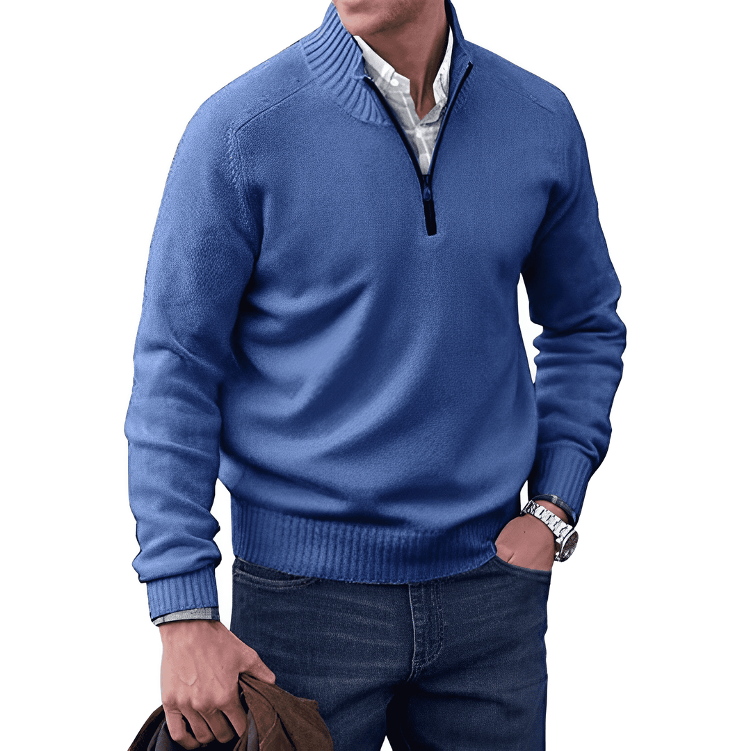 Men's Wool Blend Sweater - Regular Fit with Zip Closure and Ribbed Collar/Cuffs Blue
