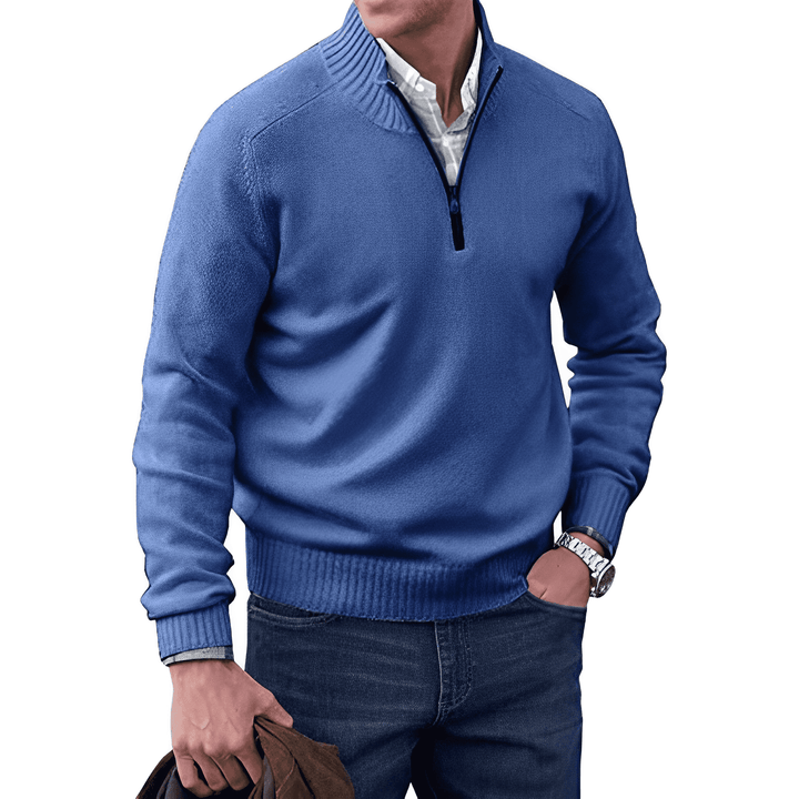 Men's Wool Blend Sweater - Regular Fit with Zip Closure and Ribbed Collar/Cuffs Blue