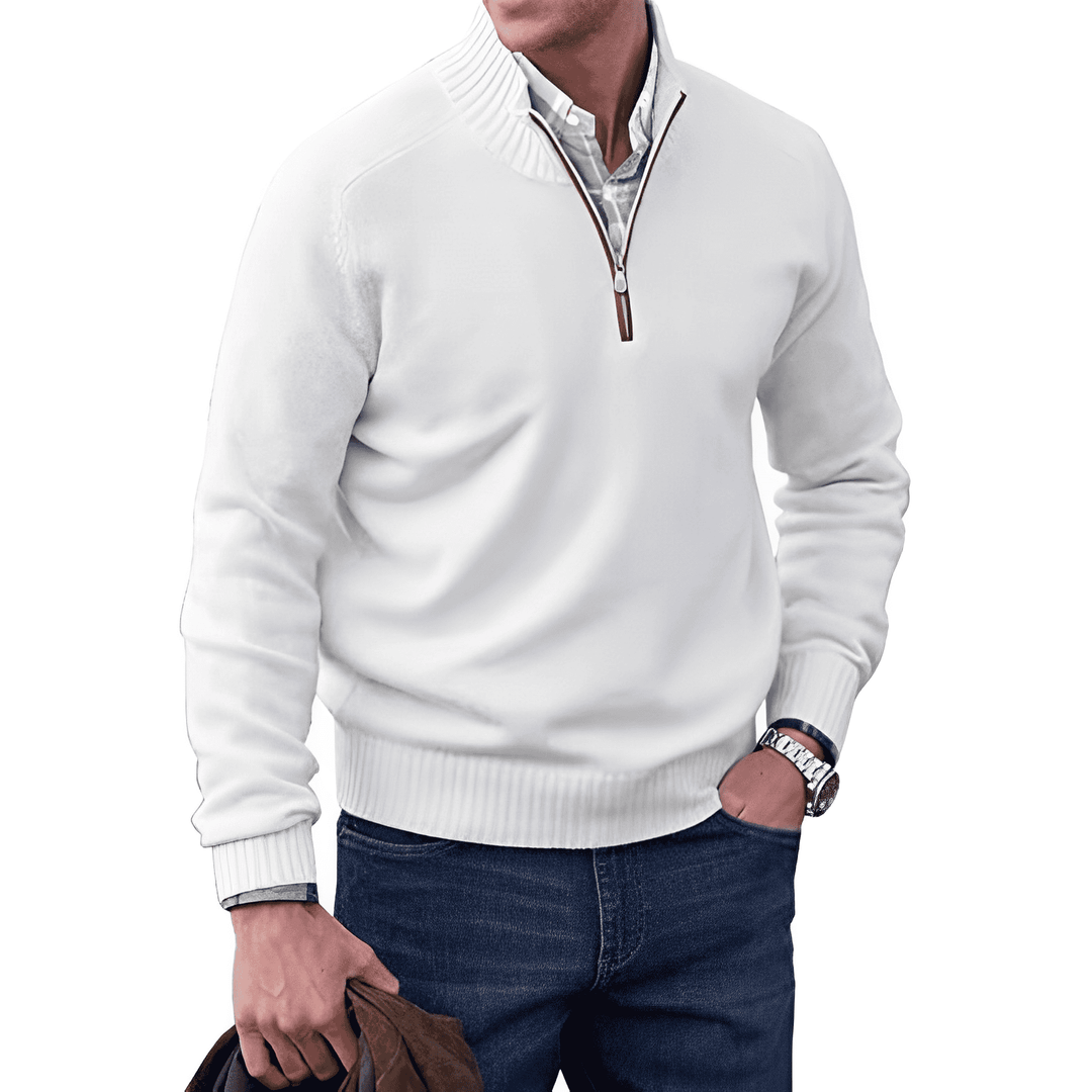 Men's Wool Blend Sweater - Regular Fit with Zip Closure and Ribbed Collar/Cuffs White